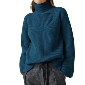 Billy Reid Transfer Ribbed Funnel Sweater 100% Merino Wool Teal S